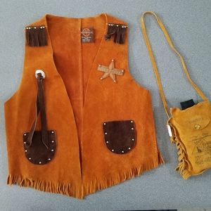 Kids Childs Suede Western fringe Vest and canteen